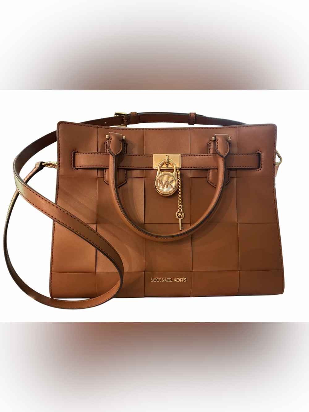 Michael Kors Tan Woven Leather Satchel with Gold Hardware